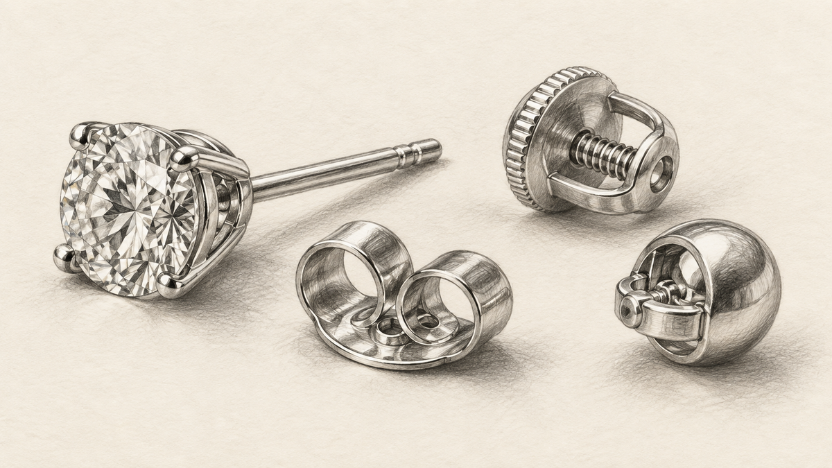 Graphite study of a diamond stud and several earring fastening mechanisms.