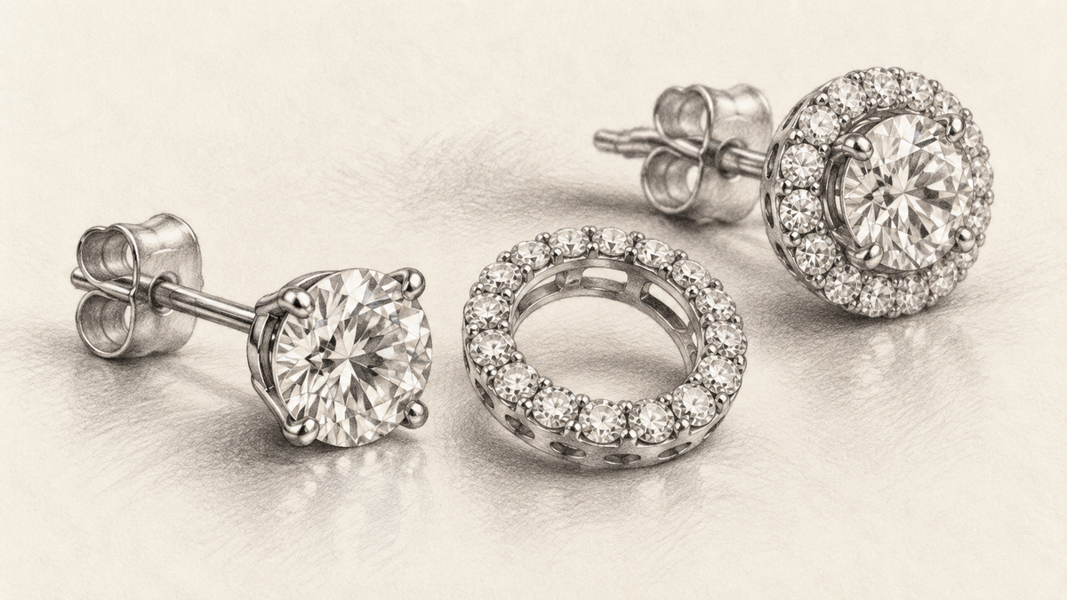 Pencil drawing of a diamond stud and a separate circular earring jacket.