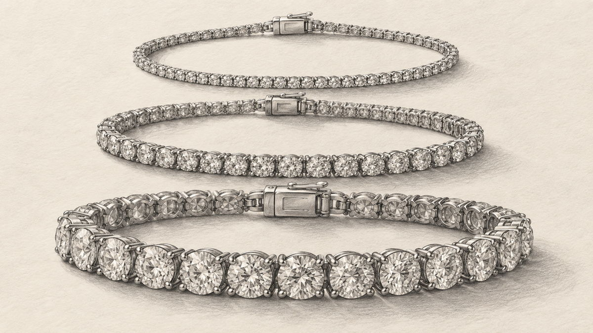 Graphite illustration of three tennis bracelets with different diamond scales.