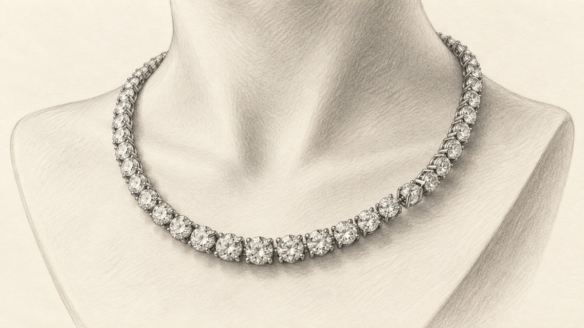Pencil study of a diamond tennis necklace draped over a sculptural neck form.