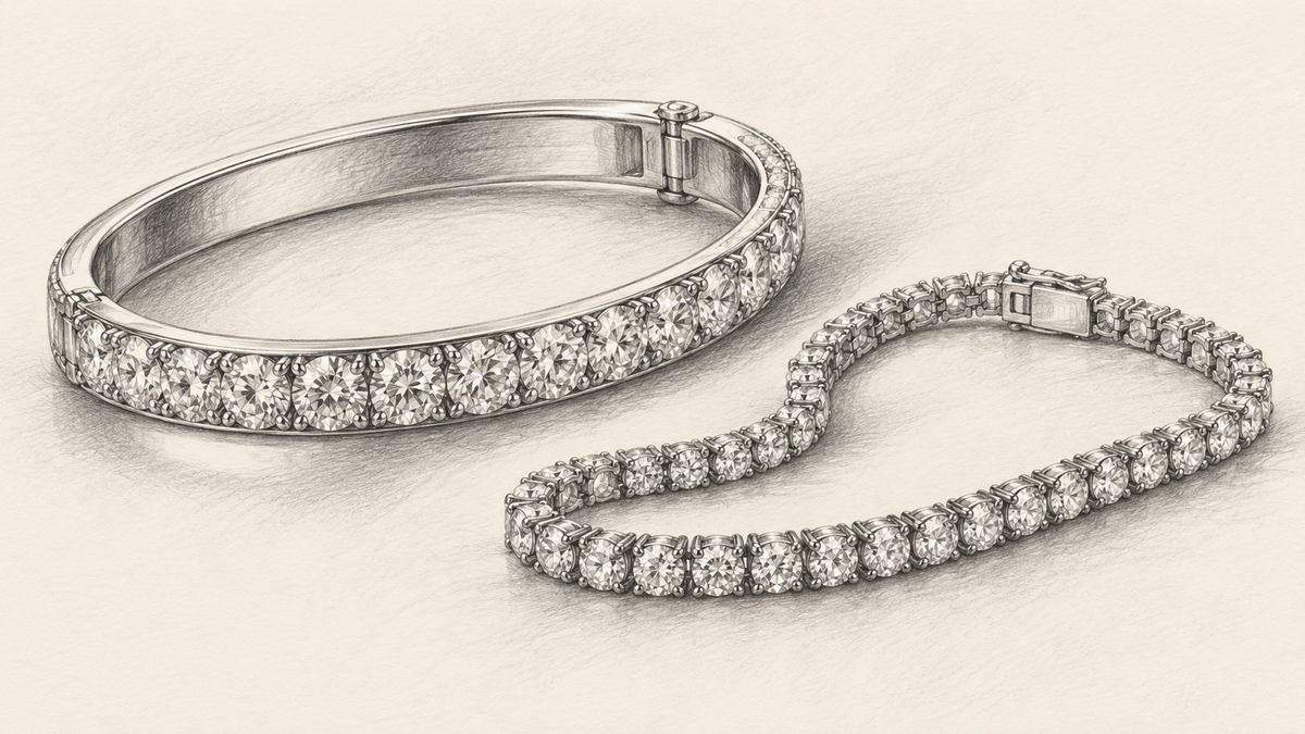 Pencil still life of a rigid diamond bangle beside an articulated tennis bracelet.