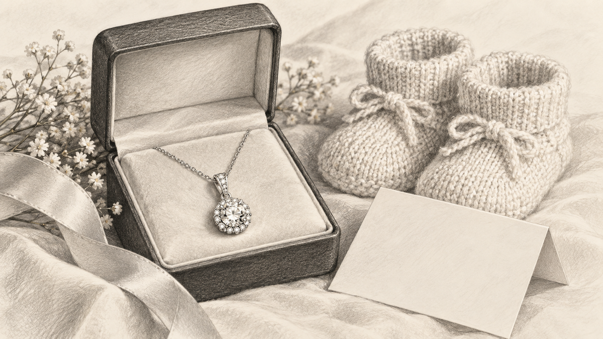 Pencil still life of a diamond pendant and baby booties celebrating a new chapter.