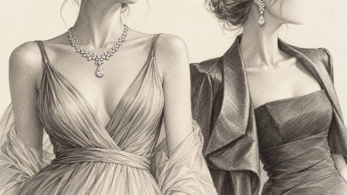 Graphite fashion studies of diamond jewelry with evening and cocktail outfits.