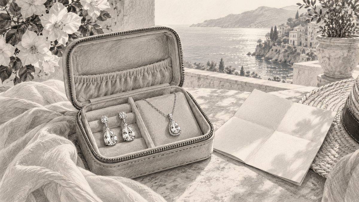 Pencil still life of a travel jewelry case and a blank itinerary near a coastal terrace.