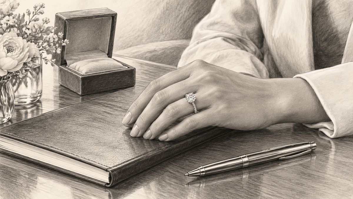 Graphite illustration of a diamond ring worn beside a notebook and presentation case.