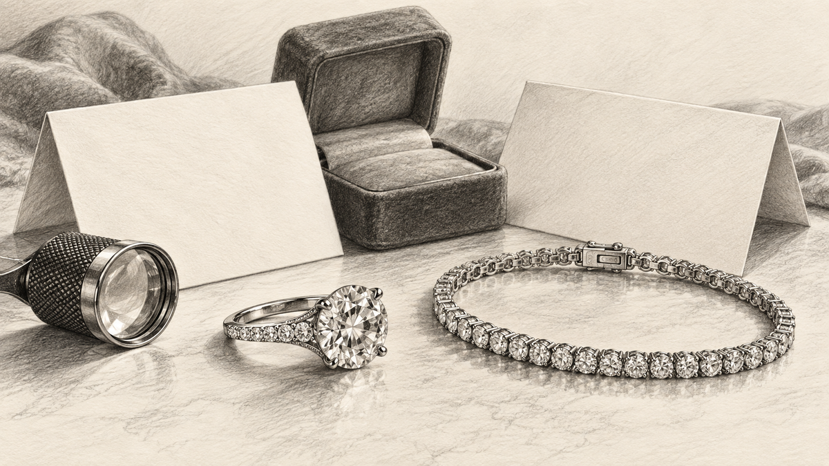 Pencil study of diamond jewelry beside two separate blank documents.