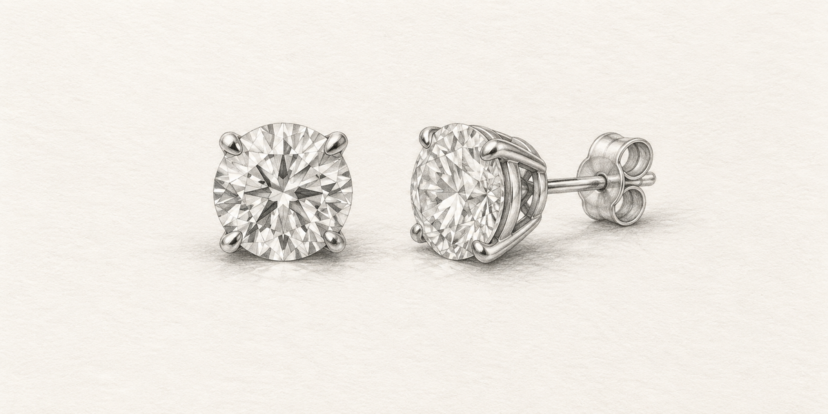 Graphite pencil illustration of round diamond stud earrings in four-prong settings, shown from the front and side.