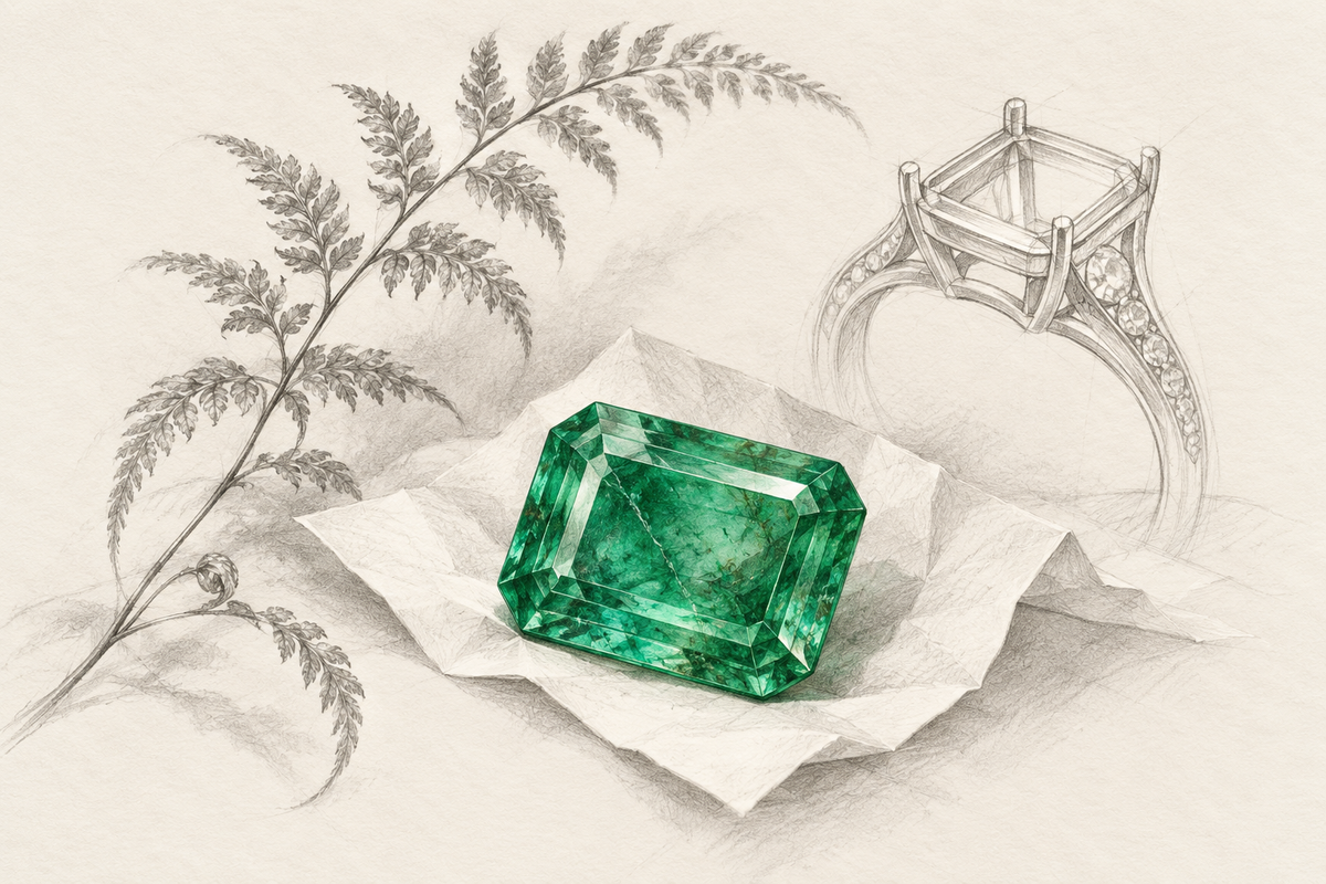 Graphite and green pencil study of a faceted emerald on gem paper beside a fern and a lightly drawn ring setting.