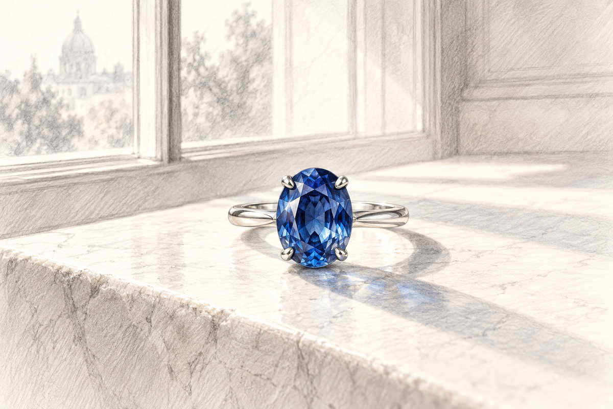 Graphite and blue pencil drawing of a sapphire ring on a pale ledge in soft window light.