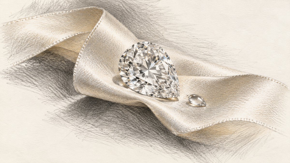 Hand drawn pear shaped diamond beside a single water droplet on softly folded silk.