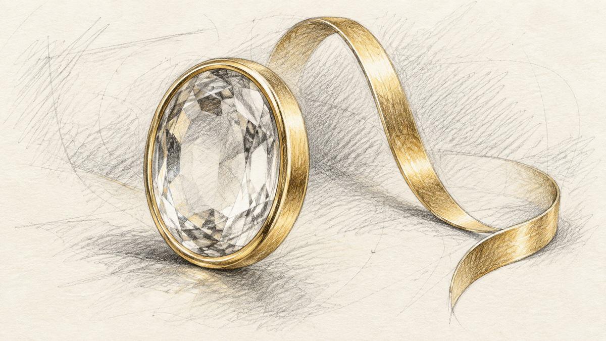 Pencil study of a polished gold rim surrounding a colorless stone, with a loose curl of gold ribbon nearby.