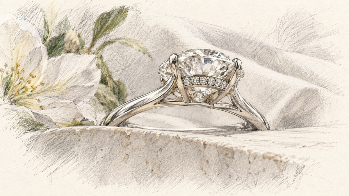 Pencil illustration of an imagined oval ring viewed from the side, revealing small stones beneath the center.