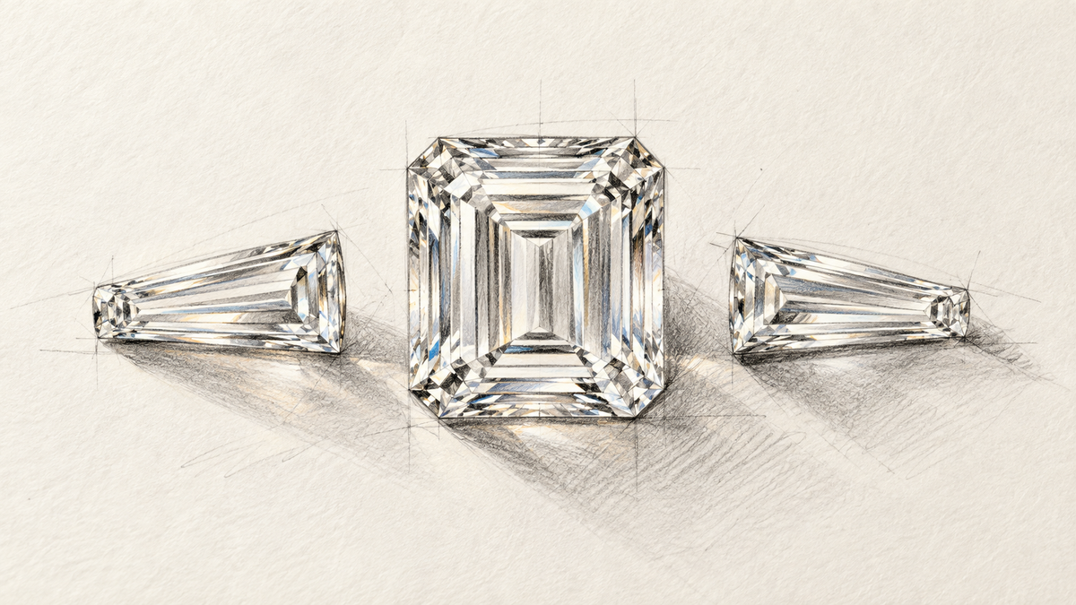 Graphite composition of an emerald cut center diamond with two tapered baguette side stones on drafting paper.