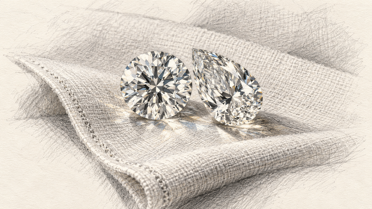 Fine pencil drawing of a round diamond and a pear shaped diamond resting together on folded linen.