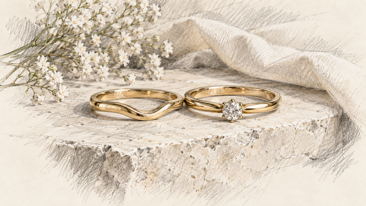 Hand drawn study of two generic gold rings with complementary contours resting on pale limestone.