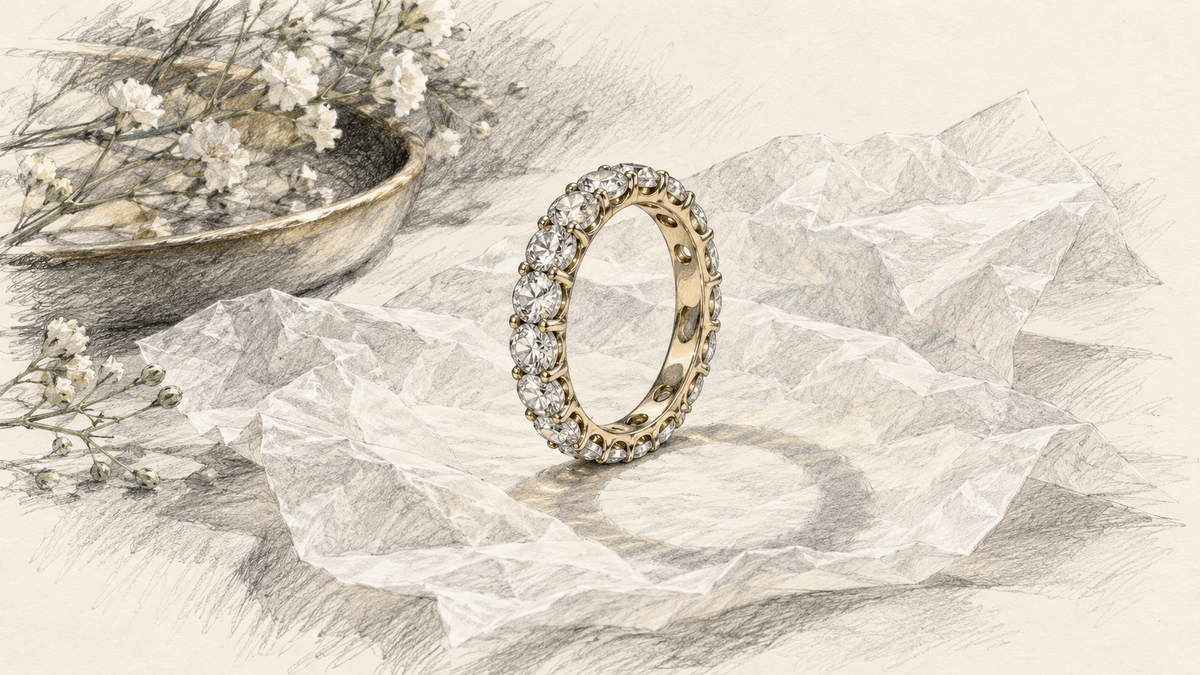 Graphite illustration of a diamond eternity band standing on its edge above softly crumpled tissue.