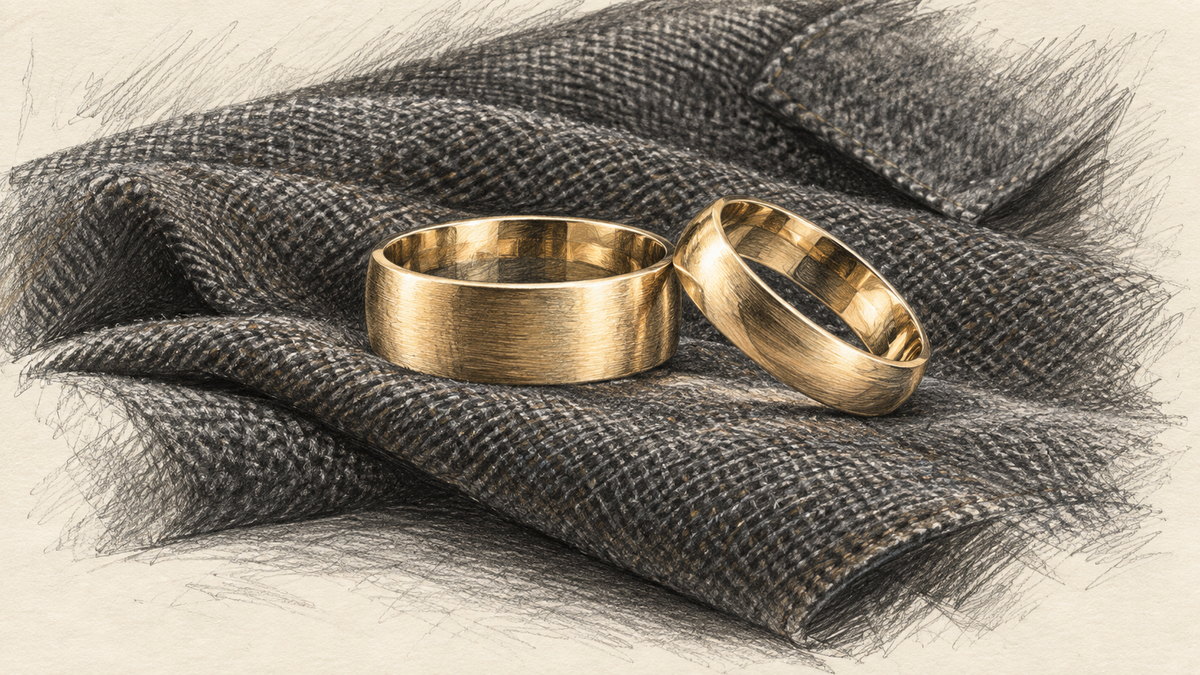 Pencil drawing of two gold wedding bands with different widths on the charcoal wool of a tailored jacket.