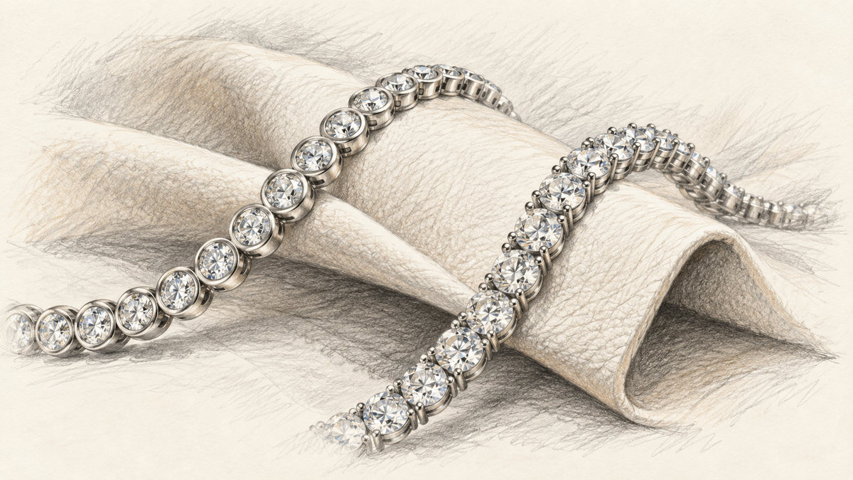 Pencil study of bezel and prong diamond bracelet segments curving over pale leather.