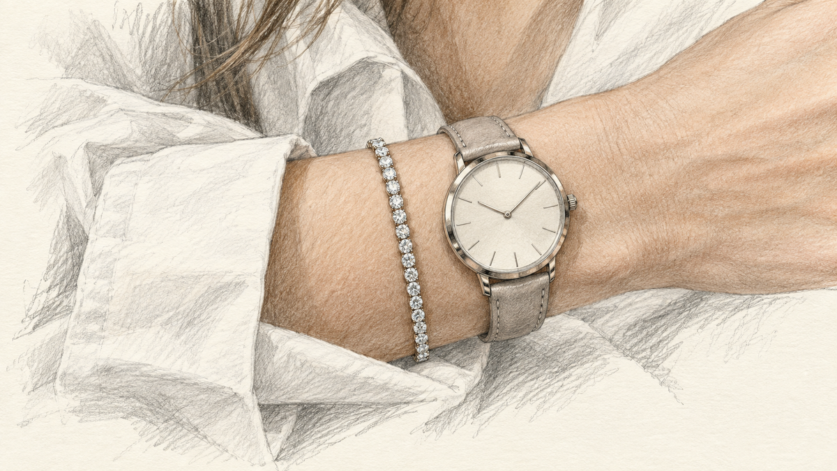 Fashion pencil drawing of a wrist with an unbranded watch and a delicate bracelet separated by a visible gap.
