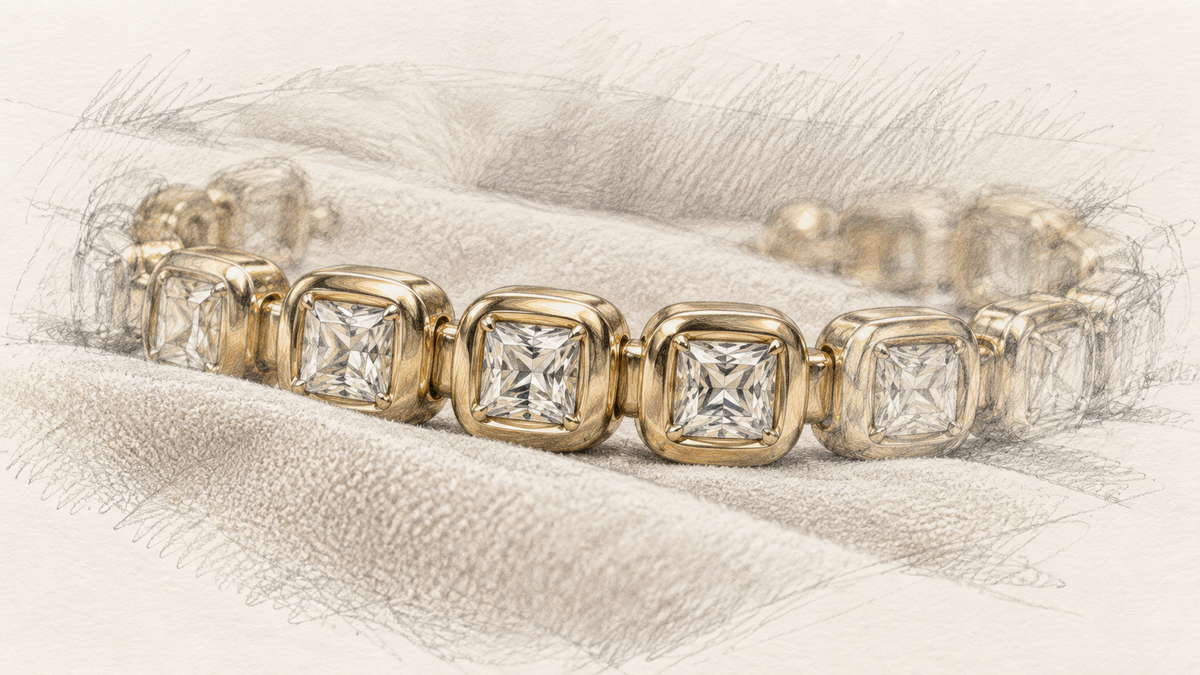 Detailed pencil drawing of rounded square gold bracelet links surrounding small square faceted stones.
