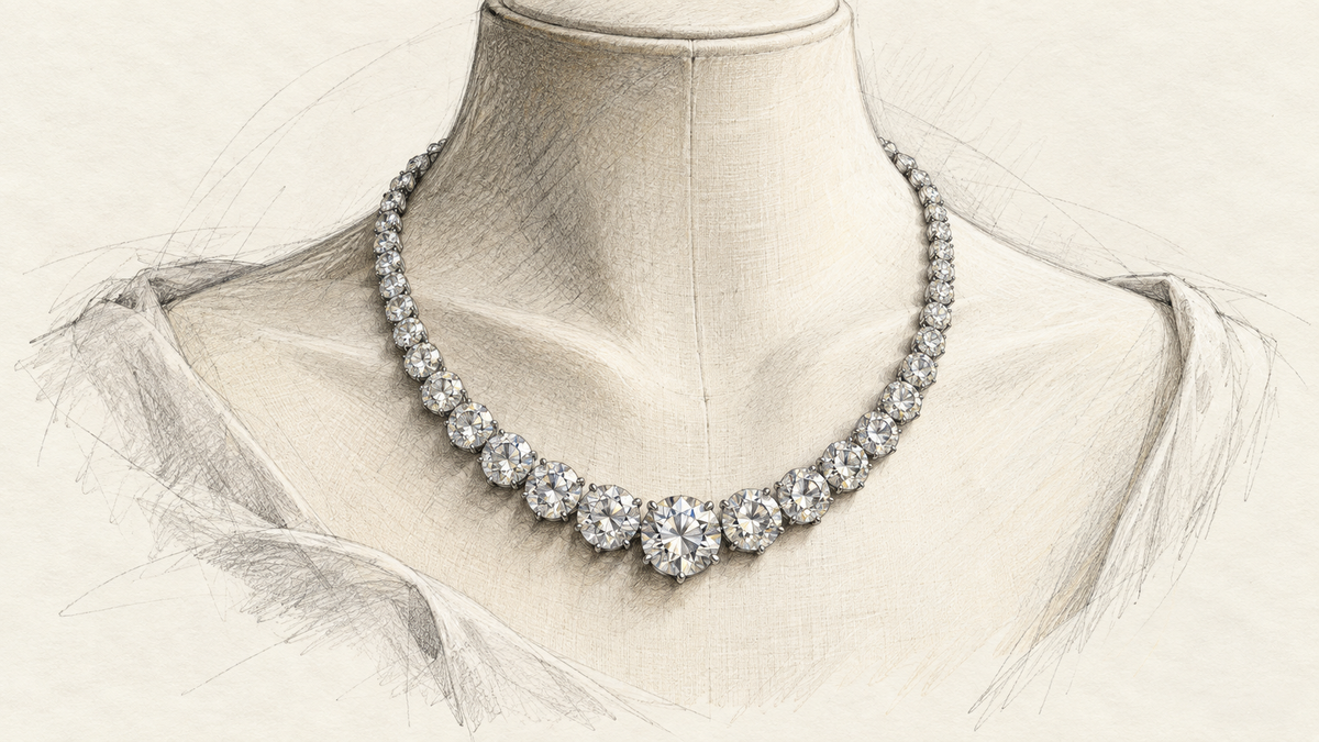 Pencil illustration of a graduated diamond necklace tracing the collarbone of an ivory dressmaker bust.