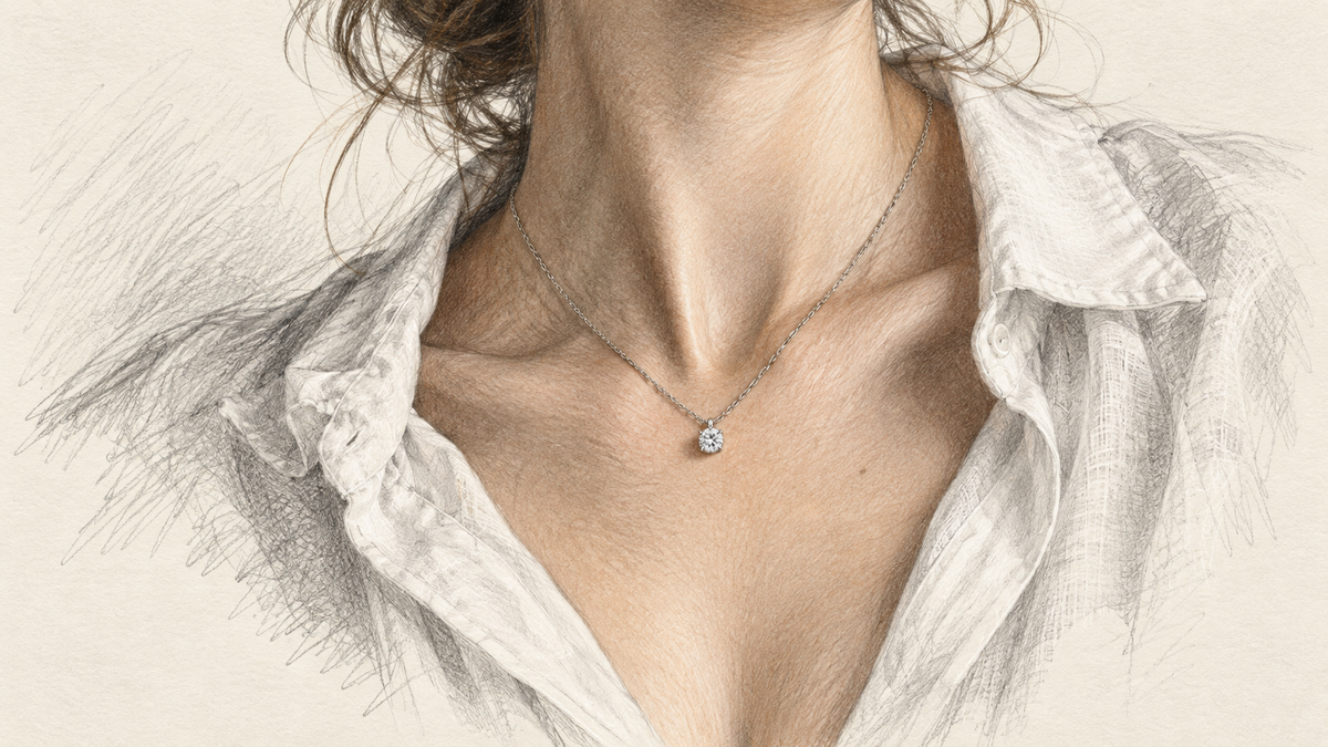 Realistic fashion pencil drawing of a small solitaire pendant at the collarbone above an open linen shirt.