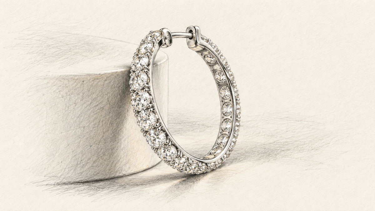 Fine graphite drawing of a diamond hoop viewed obliquely to show stones on its outer and inner arcs.