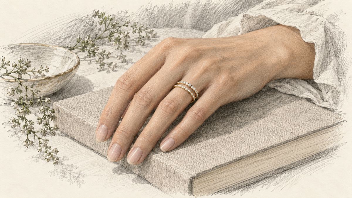 Graphite drawing of a relaxed hand wearing two slim bands while resting on a linen covered book.