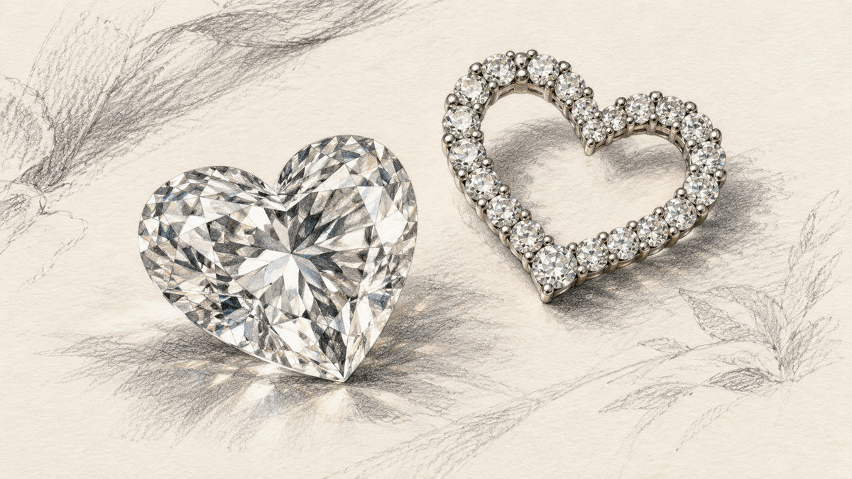 Hand drawn comparison of a single heart shaped diamond and an open heart made from small round stones.