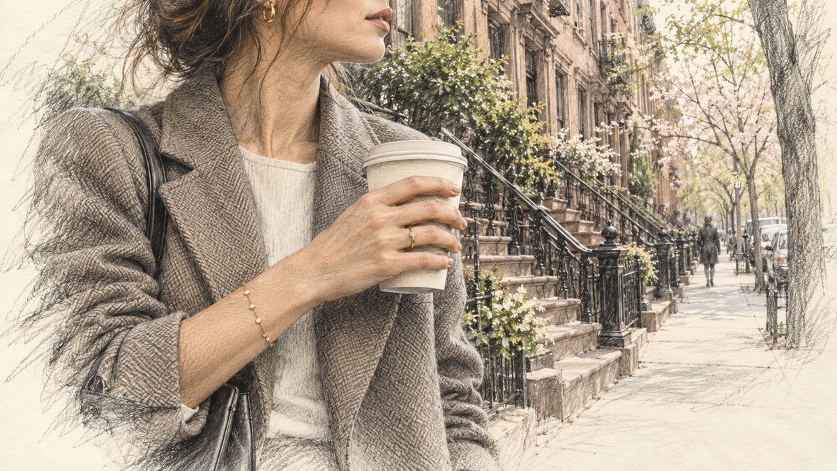 Editorial pencil scene of a jeweled hand holding a plain coffee cup near New York brownstone steps.