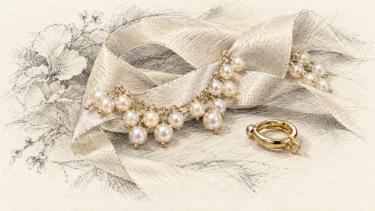 Pencil still life of small lustrous pearls forming a fringe beside a pale ribbon and a simple gold fitting.