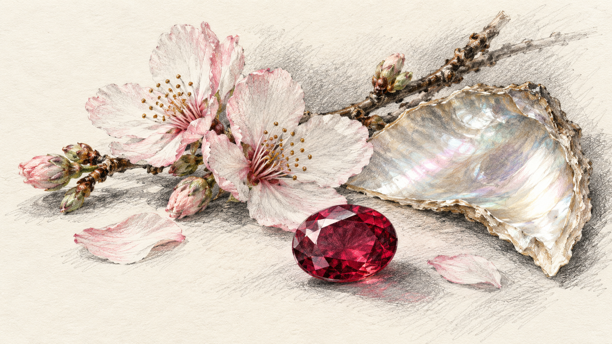 Botanical pencil illustration of cherry blossoms, a mother of pearl shell fragment and a deep red faceted gem.