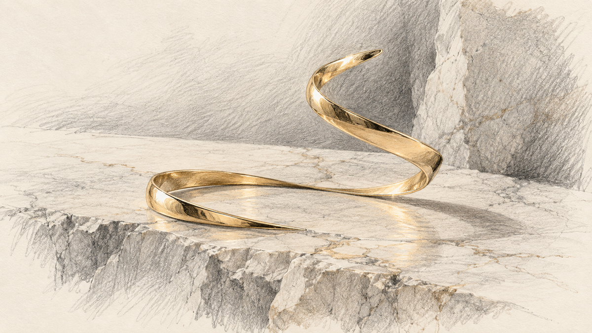 Graphite and gold pencil study of a narrow sculptural ribbon forming a sinuous open curve on pale stone.