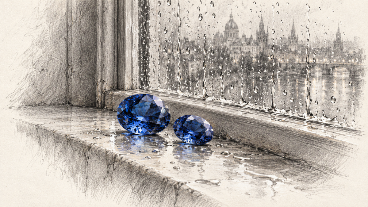 Colored pencil drawing of two blue sapphires on a window ledge beside a rain speckled pane.