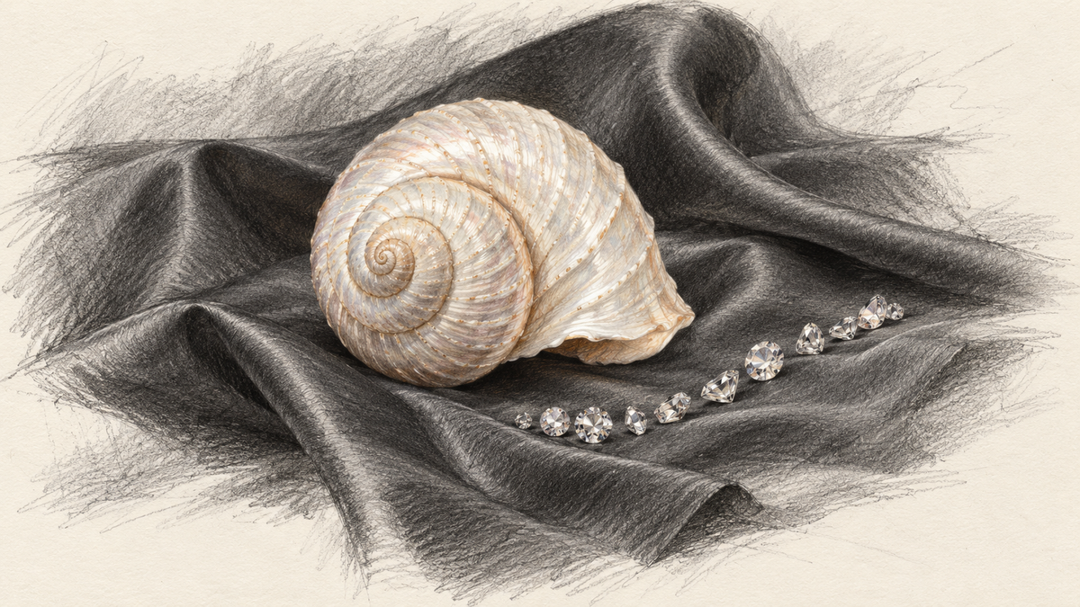 Pencil still life of a pale spiral shell and a curved line of small stones on charcoal silk.