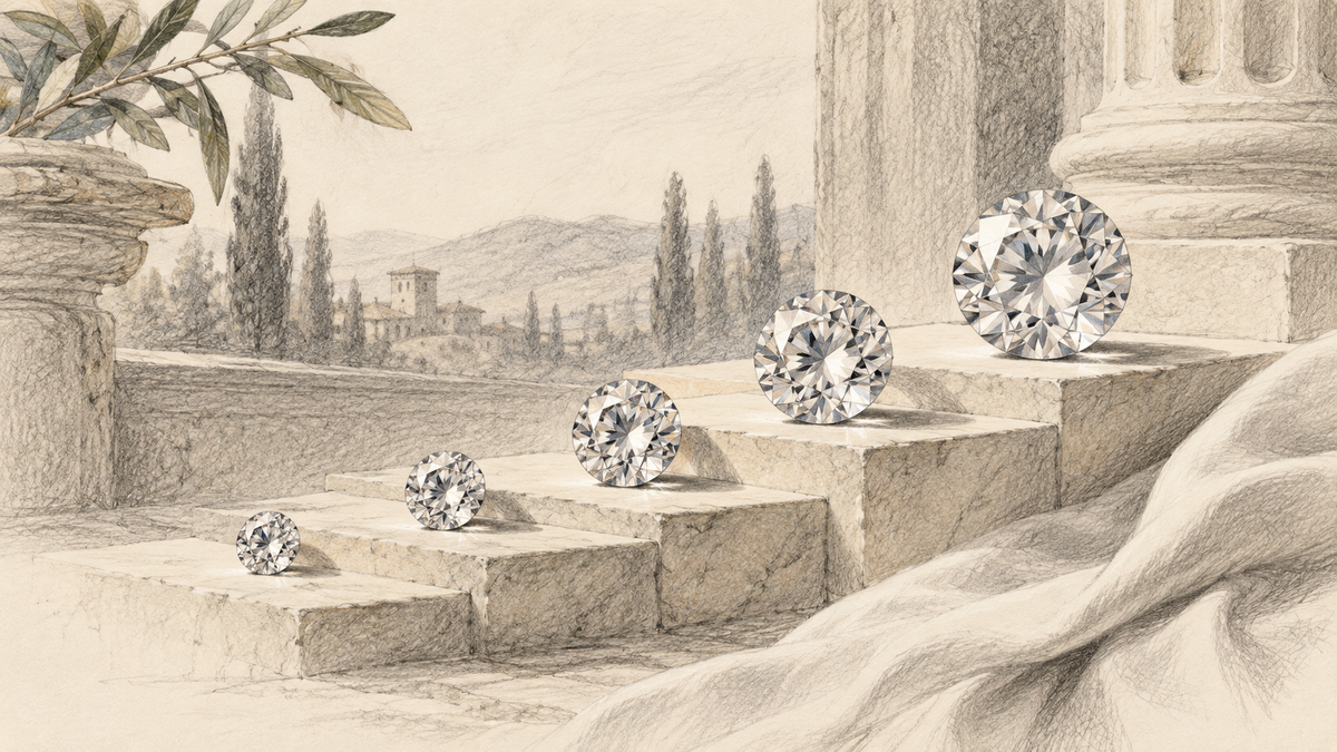 Architectural pencil study of five loose diamonds increasing in size along small ascending stone ledges.
