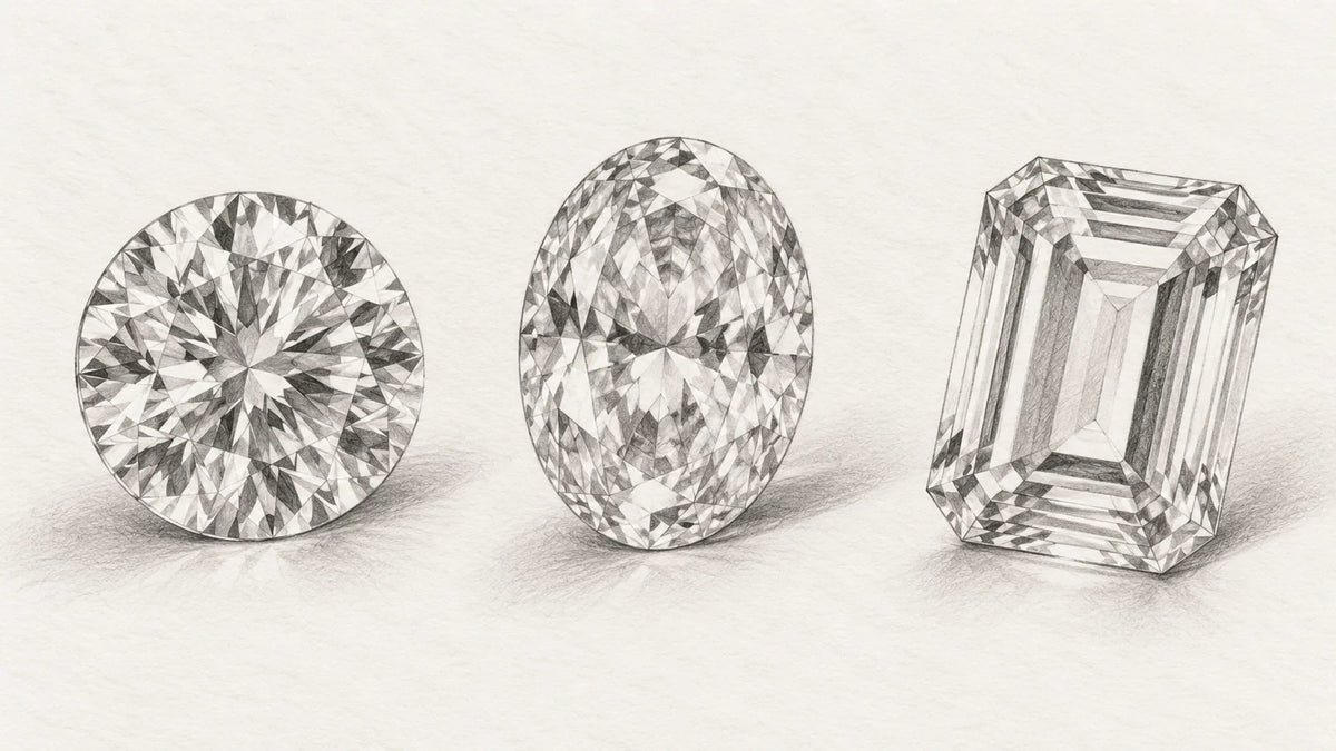 Graphite style study of round, oval and emerald cut diamond silhouettes.