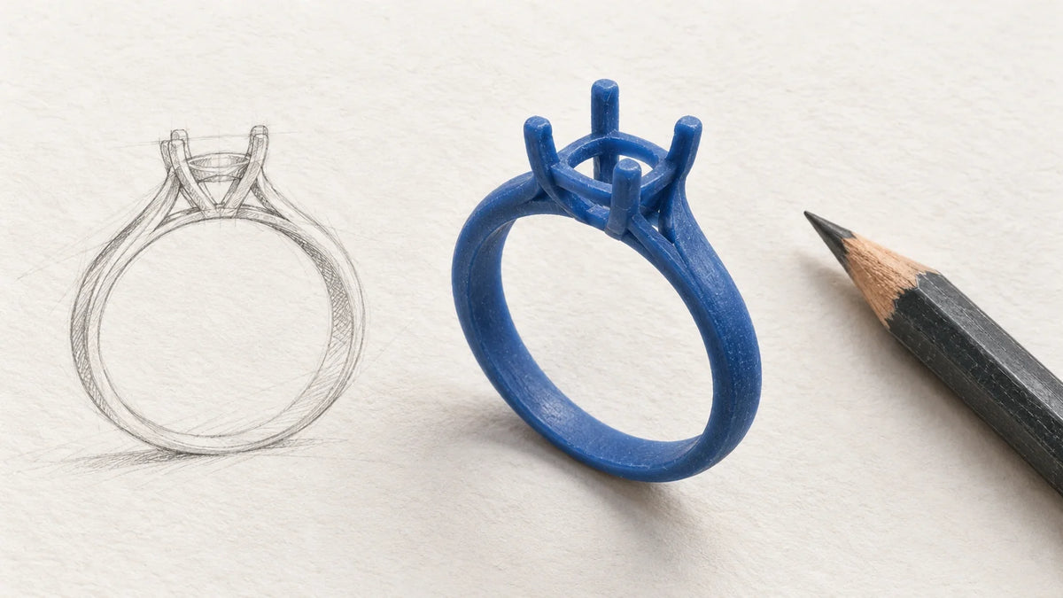 Colored pencil style study of a blue wax ring model beside a profile drawing and pencil.