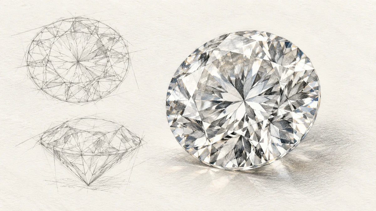 Pencil style study of a round brilliant diamond beside faint facet drawings.