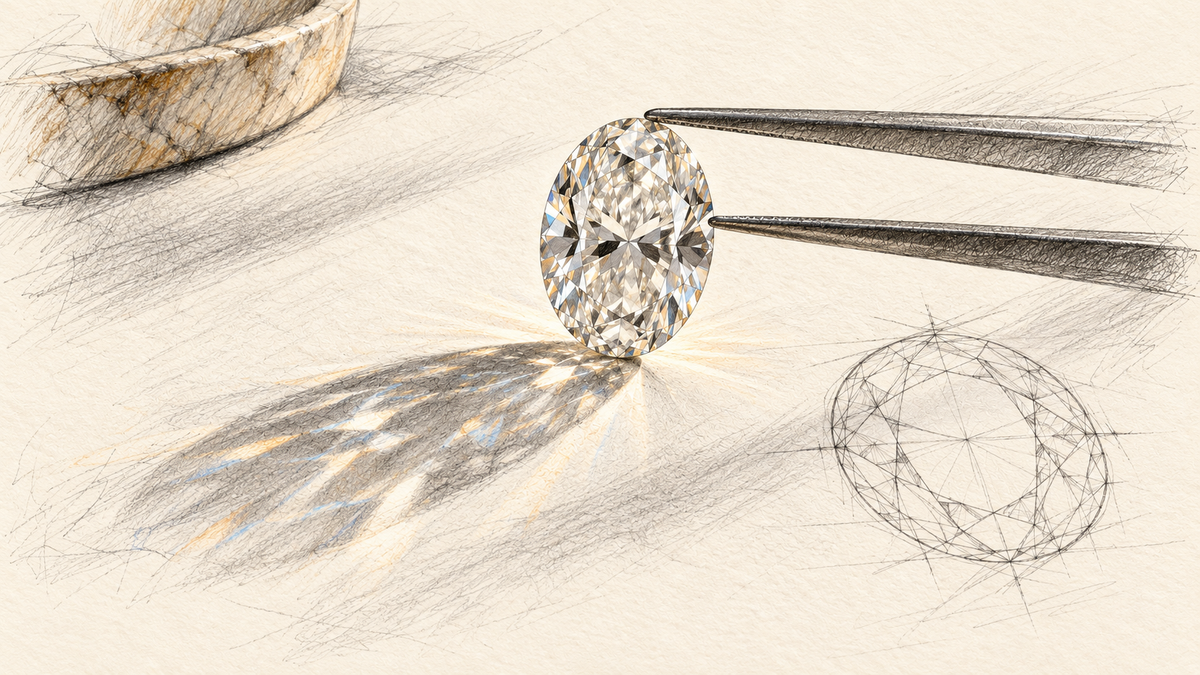 Pencil illustration of an oval diamond held above vellum, with its shadow and a faint contour study.