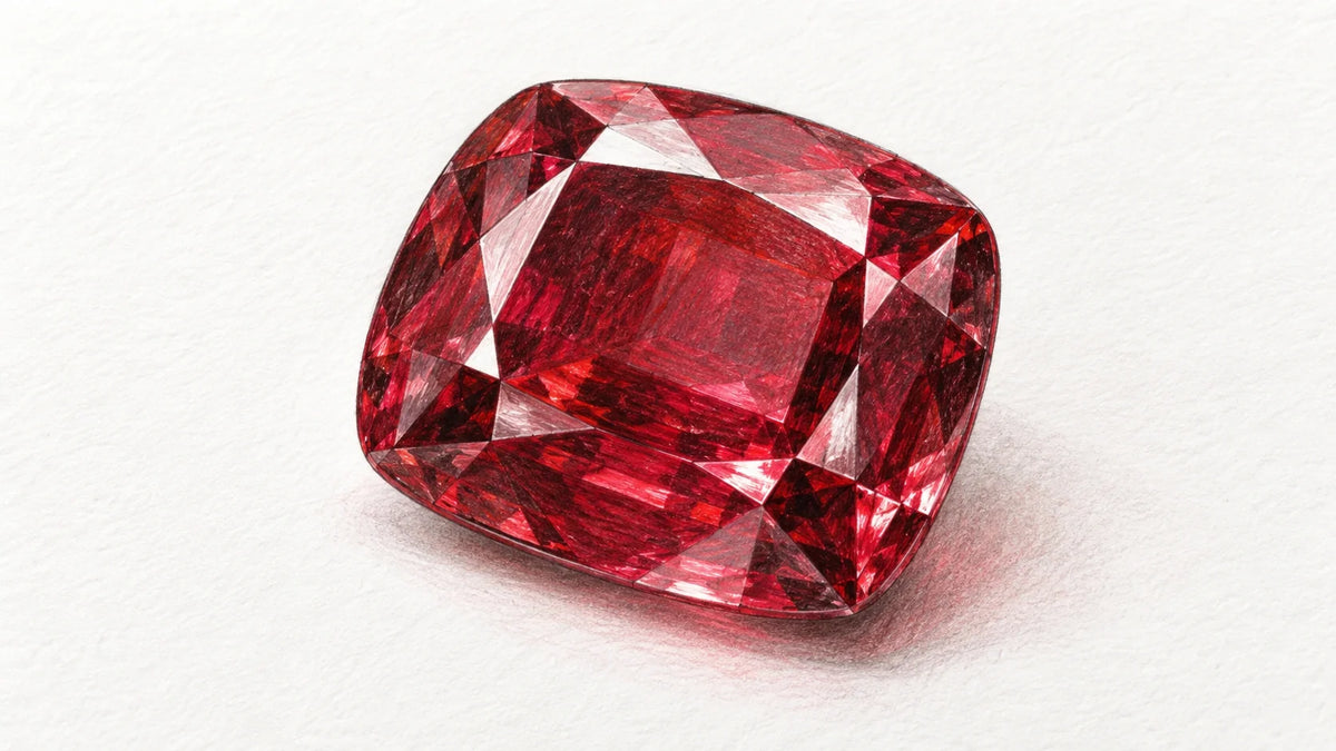 Realistic colored pencil style study of a red cushion cut ruby and its facets.
