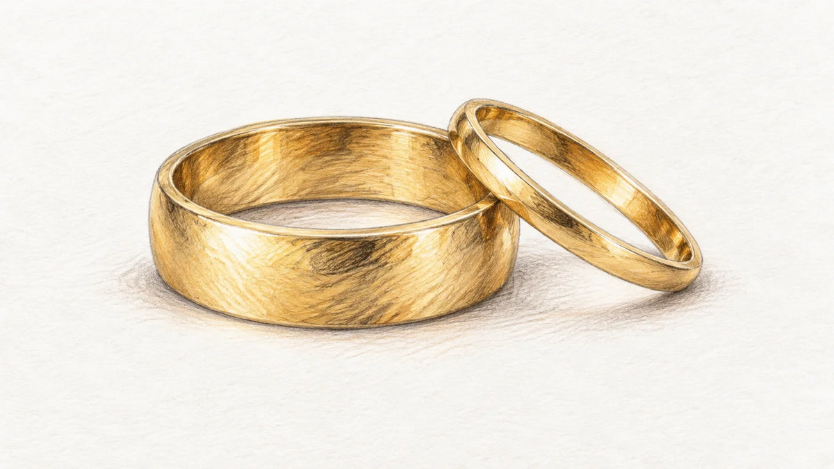 Colored pencil style illustration of two 18K yellow gold wedding bands with different widths.