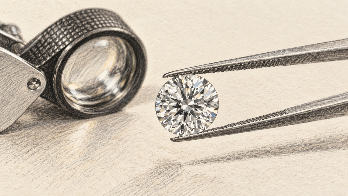 Graphite study of a faceted diamond held in jeweler's tweezers beside a loupe.