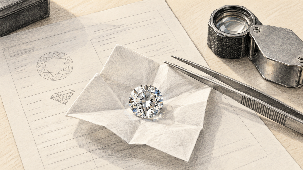 Overhead pencil sketch of a diamond, loupe and unbranded laboratory report.