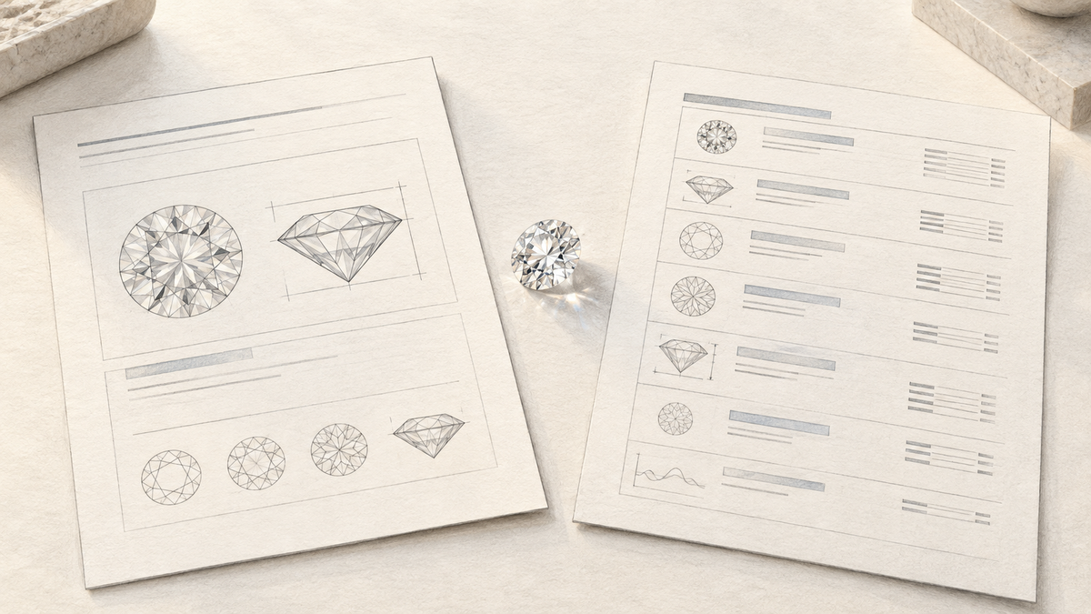 Pencil study of two unbranded gemological report formats beside a loose diamond.