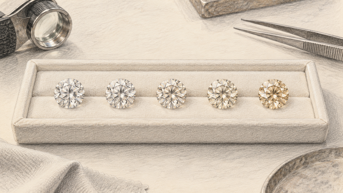 Pencil comparison study of five diamonds with subtle differences in body color.