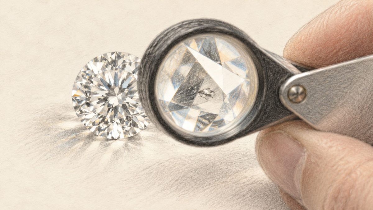Graphite sketch of a loupe magnifying a subtle inclusion in a faceted diamond.