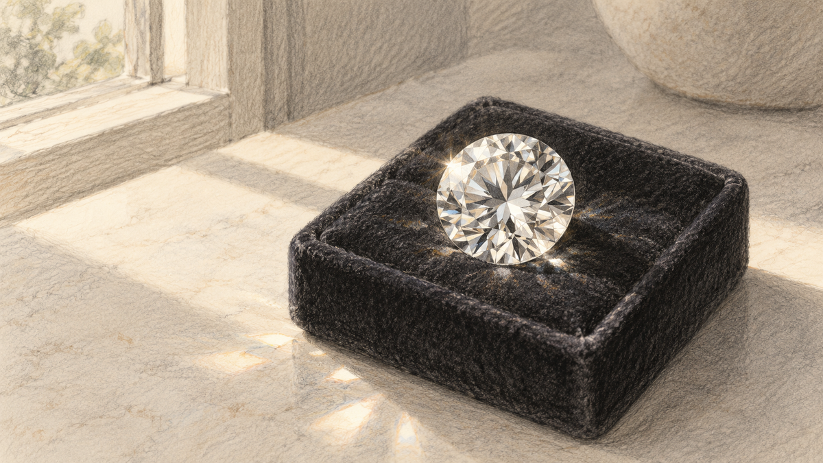 Pencil study of a diamond's facets and reflections under directional daylight.