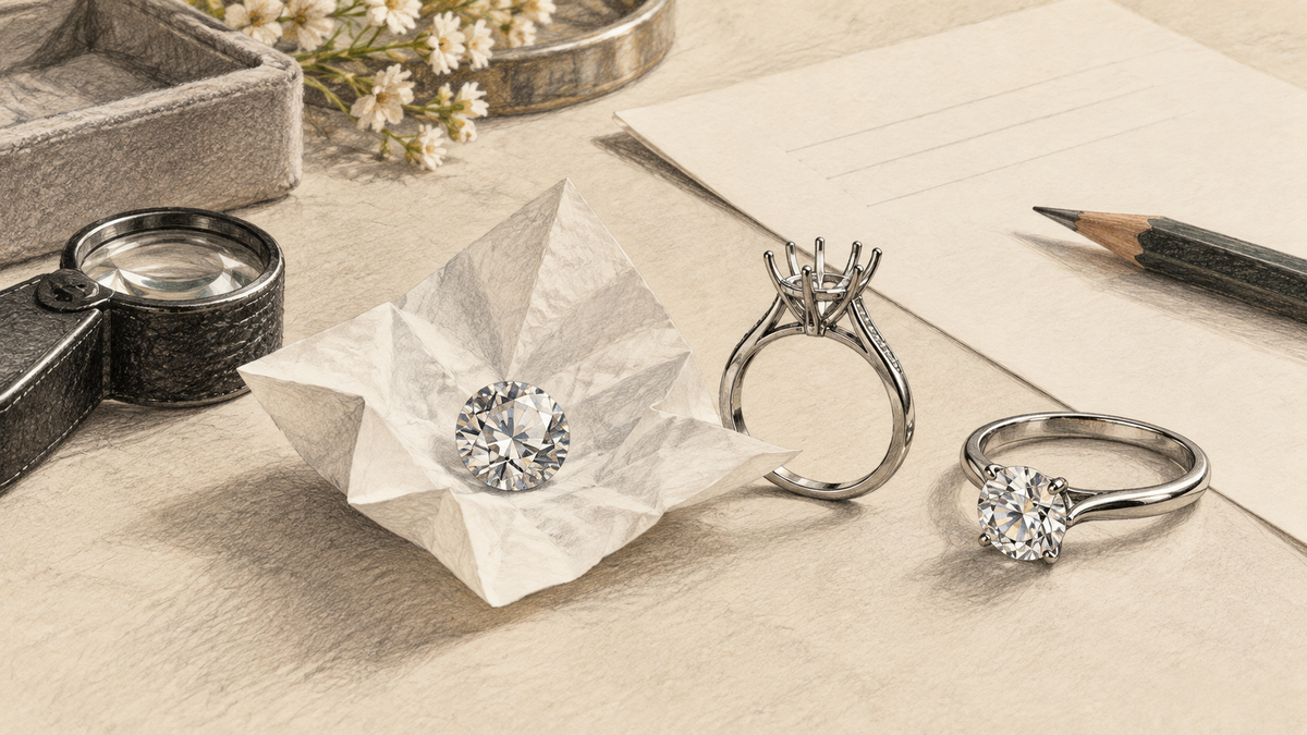 Pencil still life of a loose diamond, ring setting and quotation sheet.