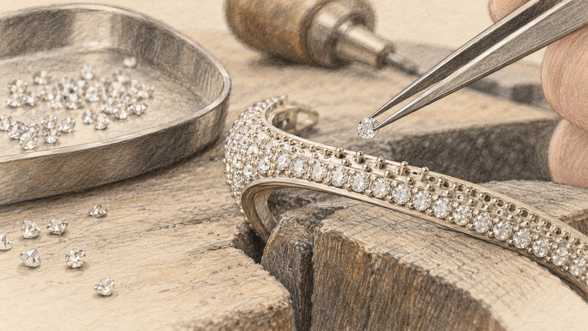 Detailed pencil sketch of melee diamonds and a delicate pavé setting.